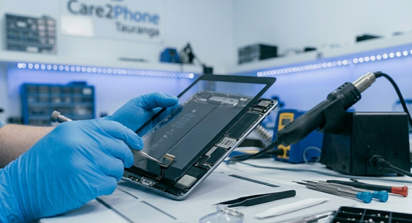 iPad repair Tauranga — Care2Phone technician carefully replacing an iPad screen at the Greerton branch