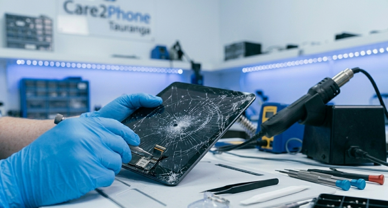 iPad screen repair Tauranga — Care2Phone technician replacing a cracked iPad screen at the Devonport Road store