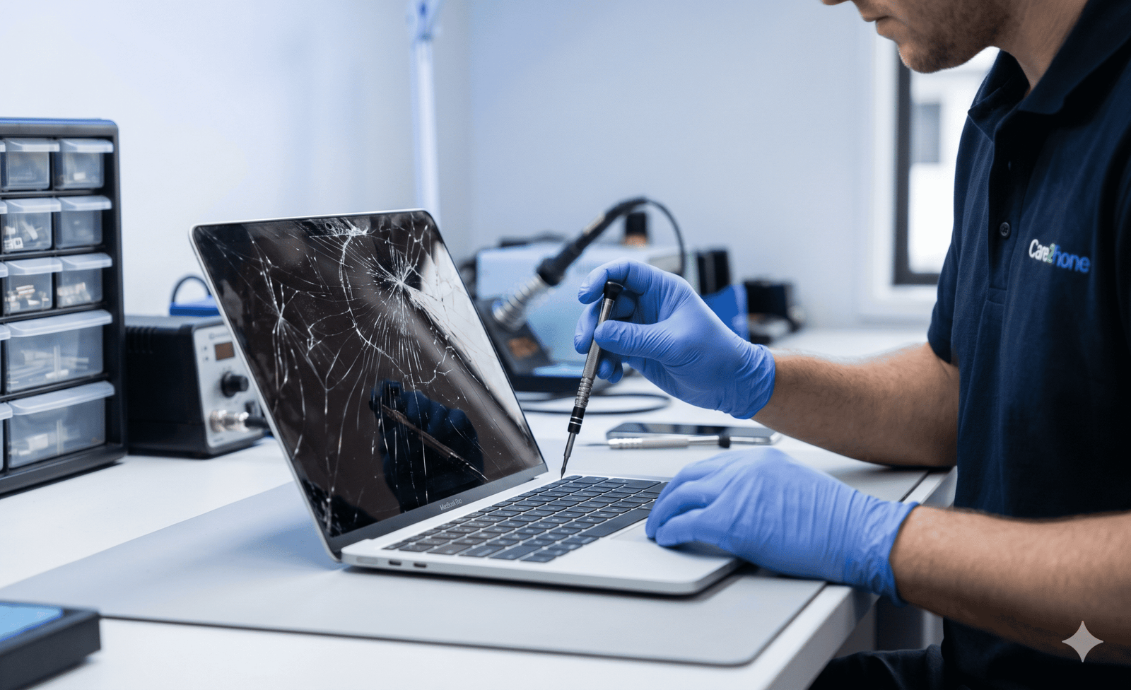 Laptop repair Tauranga — Care2Phone technician repairing a cracked laptop screen at the Devonport Road store in Tauranga