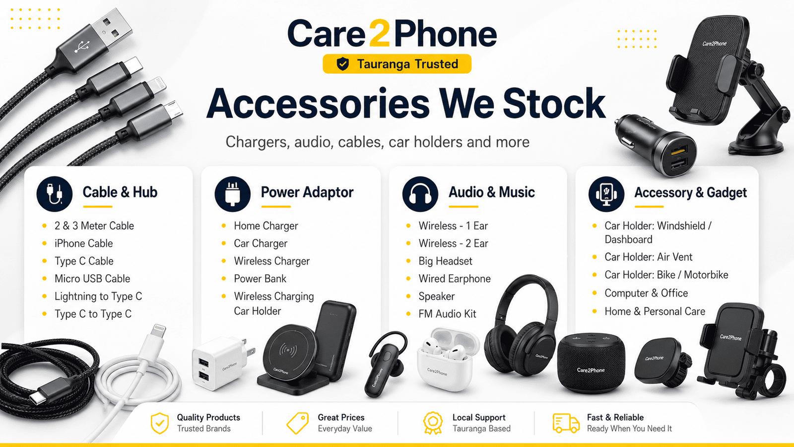 Father's Day gift guide Tauranga — phone cases, cables, chargers, power banks and audio accessories in stock at Care2Phone